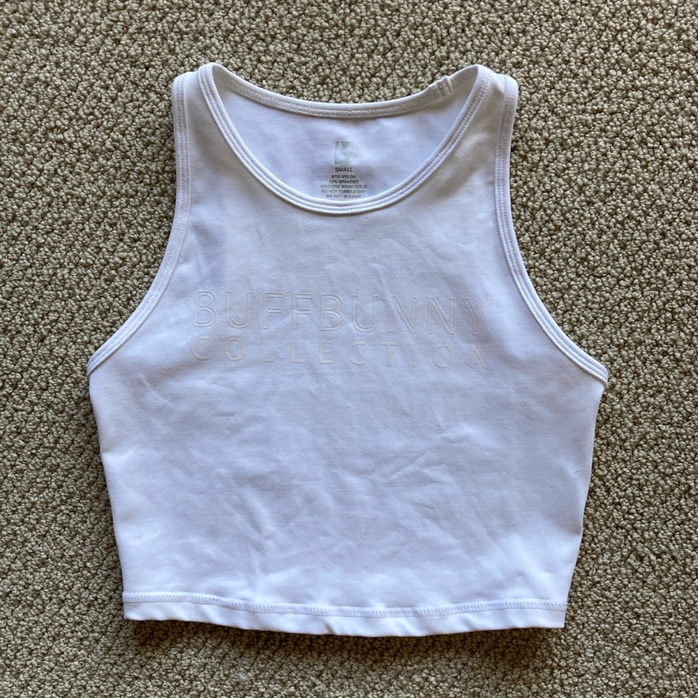NEW BuffBunny Collection White Aurora Logo Crop Graphic Tank Top Size Small NWOT